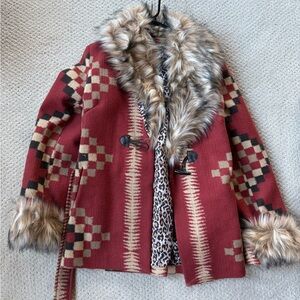 Tasha Polizzi Red and Black Patterned Cape with Faux Fur